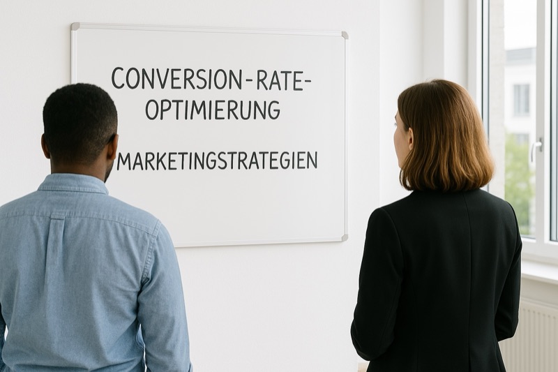 Zwei Personen vor einem Whiteboard mit den Stichworten Conversion-Rate-Optimierung und Marketingstrategien
