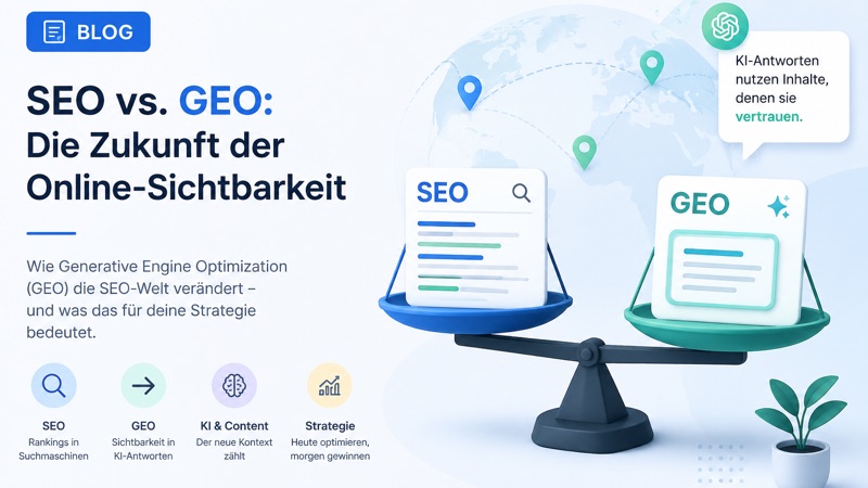 Illustration einer Waage mit SEO- und GEO-Tafeln vor einer Weltkugel – SEO vs. GEO: die Zukunft der Online-Sichtbarkeit